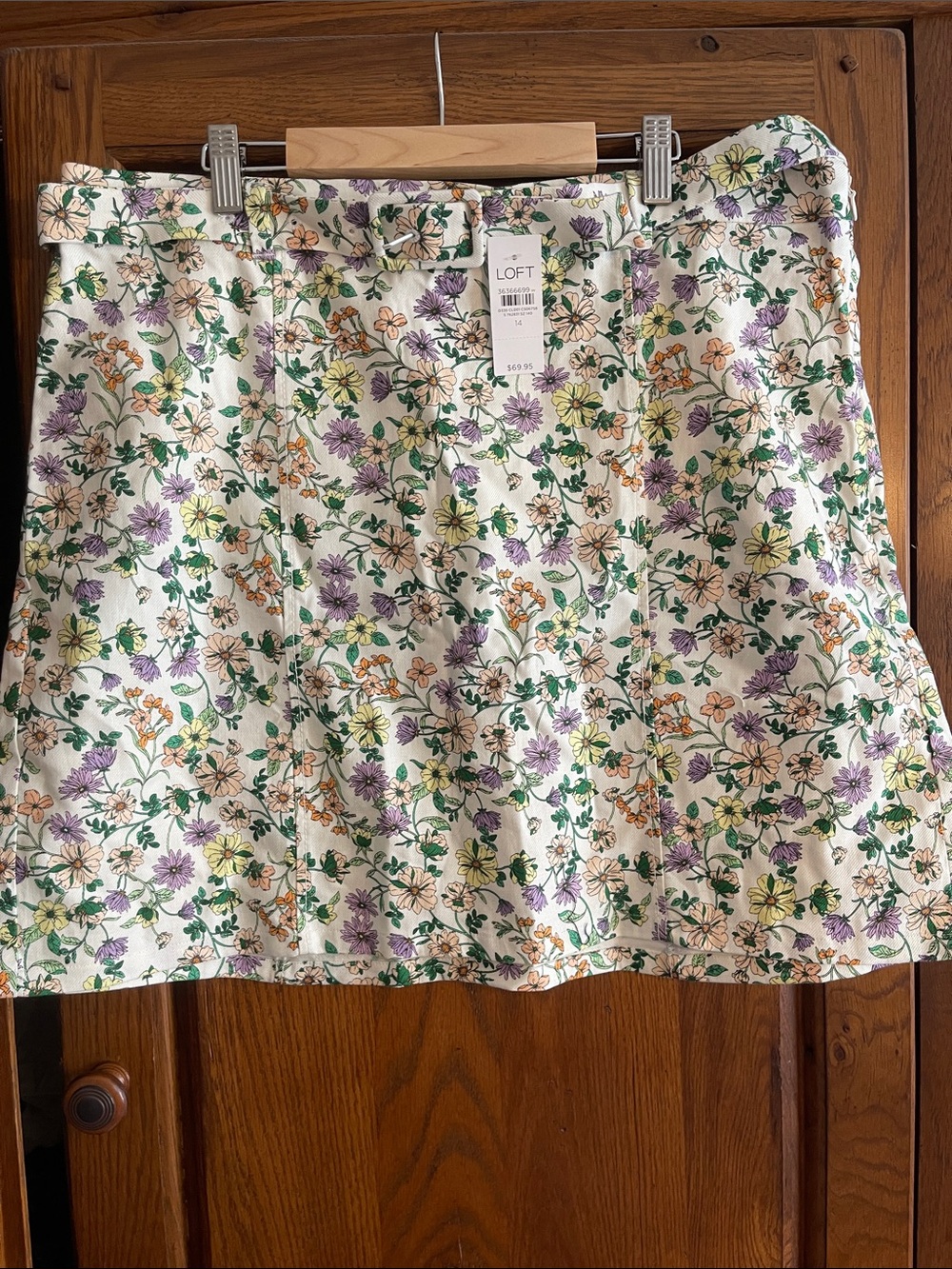 LOFT Floral Belted Mini Skirt in Cream with Purple & Yellow Flowers